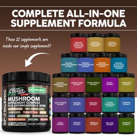 Organic Mushroom Supplement | Ashwagandha Lions Mane Cordyceps Turkey Tail Reishi Mushrooms Maca Root Black Hoof Chaga Tremella Agarikon Shiitake Oyster Powder Capsules Sporgenic by Clean Nutra (1)