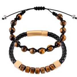 Omky Set de Pulseras para Hombre Ojo de Tigre| Pulsera de cuero trenzado negro cierre magnético de acero inoxidable | Pulsera de hilo ajustable piedra ojo de tigre