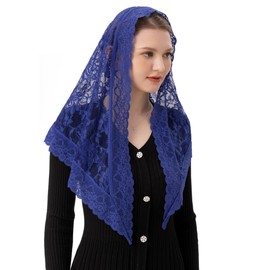 PAMOR Velos para Iglesia Católica Triangluar Bufanda Bordada Capilla Velo Cabeza Mantilla Latina Mass, Azul marino, 50inches