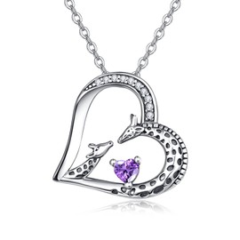 TANGPOET Giraffe Necklace Gifts for Women 925 Oxidized Sterling Silver Giraffe with February Amethyst Birthstone Pendant Heart Jewelry Valentines Birthday Christmas