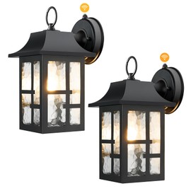 OKELI Dusk to Dawn Outdoor Wall Lights, Exterior Waterproof Lantern, Front Porch Sconce Lighting with Water Ripple Glass Shade, Anti-Rust Wall Lamps Outside Lights for Garage (Black-SIZE-M-2pack)
