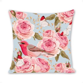 Pink Roses Red Headed Sparrow Butterfly Cotton Linen Throw Pillow Cover 18x18 Inches -Soft Comfortable Healthy Colorful Decorative Pillow Cases for Car Home Decor