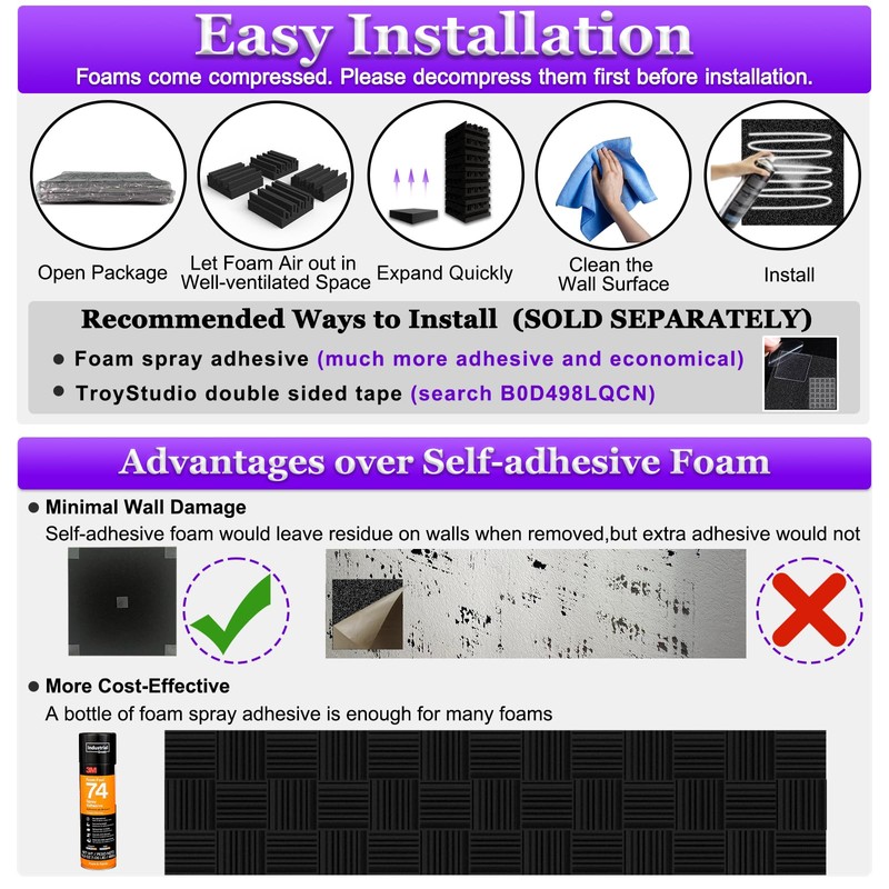 TroyStudio Thick Acoustic Foam Panels, 12 X 12 X 3