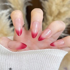 RikView Red Press on Nails Medium Fake Nails French Tips Nails Almond Nails Glossy Full Cover Nails for Women 24 PCs/Set