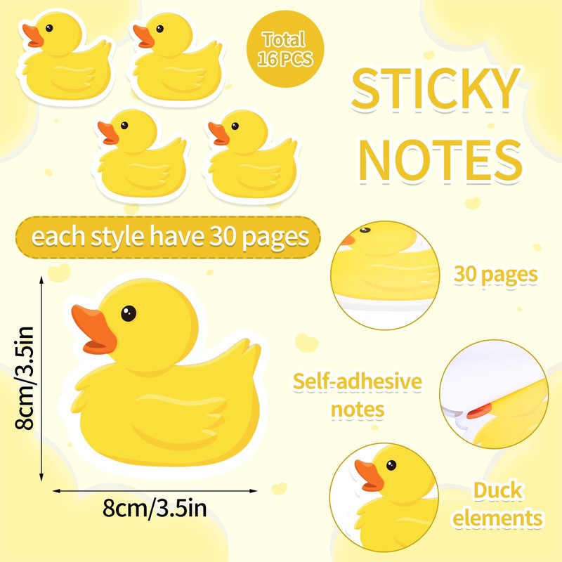 FYSUIMU 16Pcs Rubber Duck Sticky Notes Cute Yellow Duck Shape