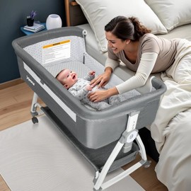 Xeoca Baby Bassinet Bedside Bassinet Sleeper for Baby, 3 in 1 Bassinet Bedside Sleeper with 6 Height Adjustable, Breathable Mesh Sides, Mosquito Net, Storage Basket Portable Crib for Infant Newborn