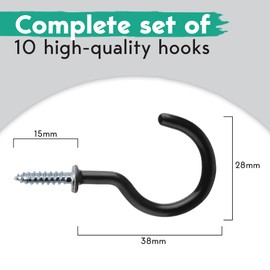 The Bead Shop 38mm Cup Hooks with PVC Coating - Metal Ceiling Screw-in Hooks for Hanging Plants, Cups, Lights, Kitchen Utensils - Black 10pcs