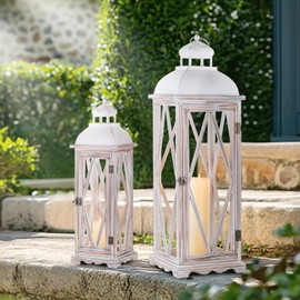 Staymoment Large Lanterns Outdoor for Porch: Extra Large Wood Floor Lantern Decorative Indoor Set of 2 Farmhouse Candle Holder for Patio Garden Yard Fireplace Mantle