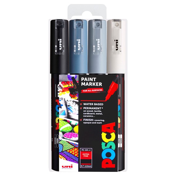 Posca PC-1M Paint Marker Art Pen - 0,7 mm - Tons gris Lot de 4 stylos dans un portefeuille