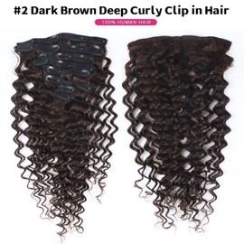 Unipearl Deep Curly Clip-In Real Hair Extensions, 35 cm / 14 Inches, 8 Pieces, 100 g, #2 Dark Brown Hair Extensions for Women, Water Wave Remy Hair Extensions, Clip-In