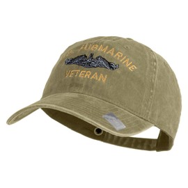 e4Hats.com US Submarine Veteran Military Embroidered Washed Solid Pigment Dyed Cotton Twill Brass Buckle Cap - Khaki OSFM