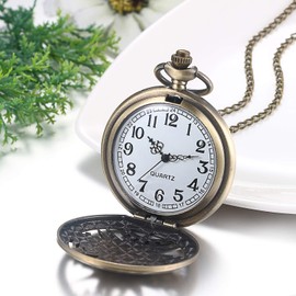 JewelryWe Father's Day Gift Pocket Watch Men's Retro Gear/Skull/Roman Numerals/Zodiac World Map Chain Watch Analogue Quartz Watch Pendant with Necklace Chain Bronze Gift for Men, bonze gear, pocket