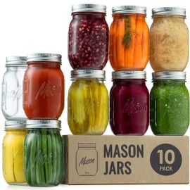 Paksh Novelty Mason Jars with Lids & Sealer - 10 Pack 16 Oz Regular Mouth Glass Canning Jars - Food Storage Container - Airtight Container for Pickling, Home Decor, Overnight Oats, Fruit Preserves