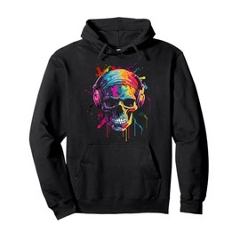Skull Colourful DJ with Headphones Bandana Musician Music Pullover Hoodie