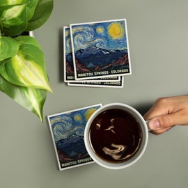 Lantern Press Manitou Springs, Colorado, Pikes Peak, Starry Night (Absorbent Ceramic Coasters Set of 4 Matching Images, Cork Back, Kitchen Table Decor)