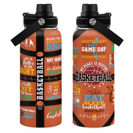 SANDJEST Basketball Water Bottle 32oz, Stainless Steel Insulated Sports Bottle with Lid, Basketball Gifts for Men Players Lovers Fan