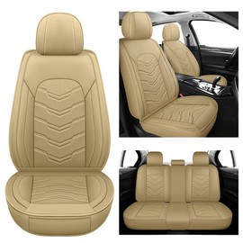AOOG Leather Car Seat Covers 5PCS Full Set, Breathable Leatherette Automotive Seat Covers, Non-Slip Universal Interior Covers Waterproof for Most Sedans SUV Trucks, Airbag Compatible, Black