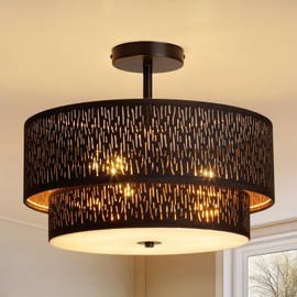 HILUXIA Modern Black Linen Drum Semi Flush Mount Ceiling Light with Pierced Design, Perfect Lighting Fixture for Bedroom, Dining Room, Kitchen, Living Room, or Hallway Chandelier Lamp