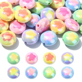 KitBeads 30pcs Random Acrylic Flat Round Beads Opaque Cute Floral Beads AB Color Smooth Flower Beads for Bracelets Jewelry Making Necklace Bulk