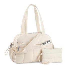 TOPDesign Travel Duffel Bag for Women, Puffer Gym Bag Sports Tote with Wet Pocket, Carry On Weekender with Luggage Sleeve (Beige)