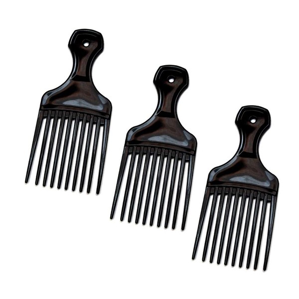 Luxxii (3 Pack) 5.25" Plastic Afro Pick Lift Hair Comb Detangle Wig Braid Hair Man Styling Comb (Black_B)