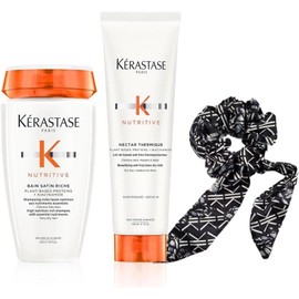 KÉRASTASE Nutritive Nourishing & Sublimating Routine for Dry and Thick Hair - Rich Satin Bath Shampoo (250 ml) + Thermal Nectar (150 ml) + Foulchy (Scrunchie Scarf)