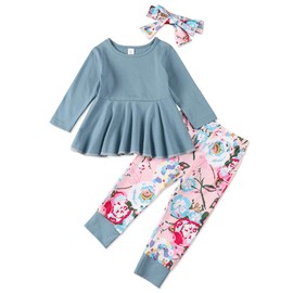 bilison Conjunto de ropa para bebé y niña, de color liso, con volantes, pantalones florales con bonita diadema, Azul pálido, 18/24M US