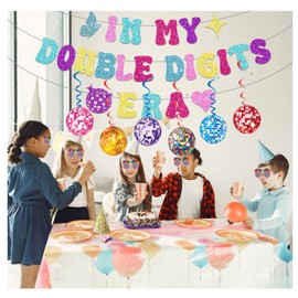 In My Double Digits Era Banner para niña 10 cumpleaños decoración de fiesta con espirales colgantes brillantes suministros de decoración (colorido)