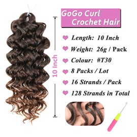 Samtress 8 Packs GoGo Curl Crochet Hair 10 Inch Deep Wave Braiding Hair Extensions Omber Brown Short Curly Crochet Braids for Water Wave Braids Synthetic for Women (#T30)