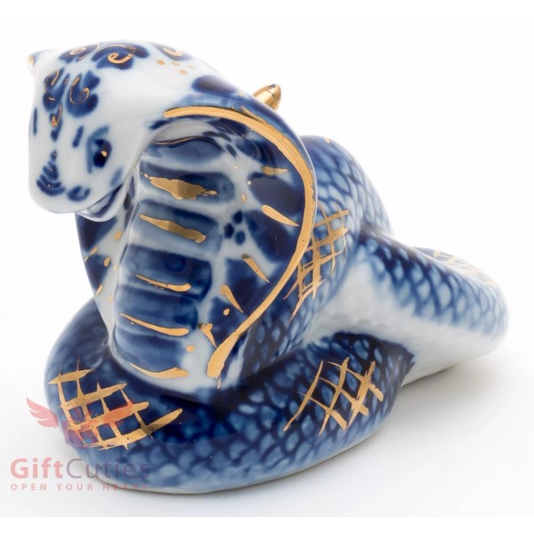 Gzhel Porcelain Cobra Snake Figurine with Gold Accents, Symbol of