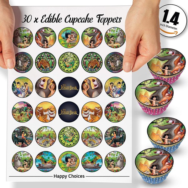 30 x Edible Cupcake Toppers Themed of The Jungle Book Collection of Edible Cake Decorations | Uncut Edible on Wafer Sheet