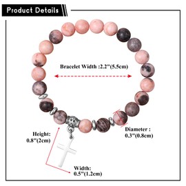 Flongo Cross Bead Bracelet for Women: Rosary Bead Bracelet Natural Stone with Cross Pendant Hand-Woven Adjustable Pink Bracelet Natural Stone Chakra Bracelet Meditation, Natural stone, stainless steel