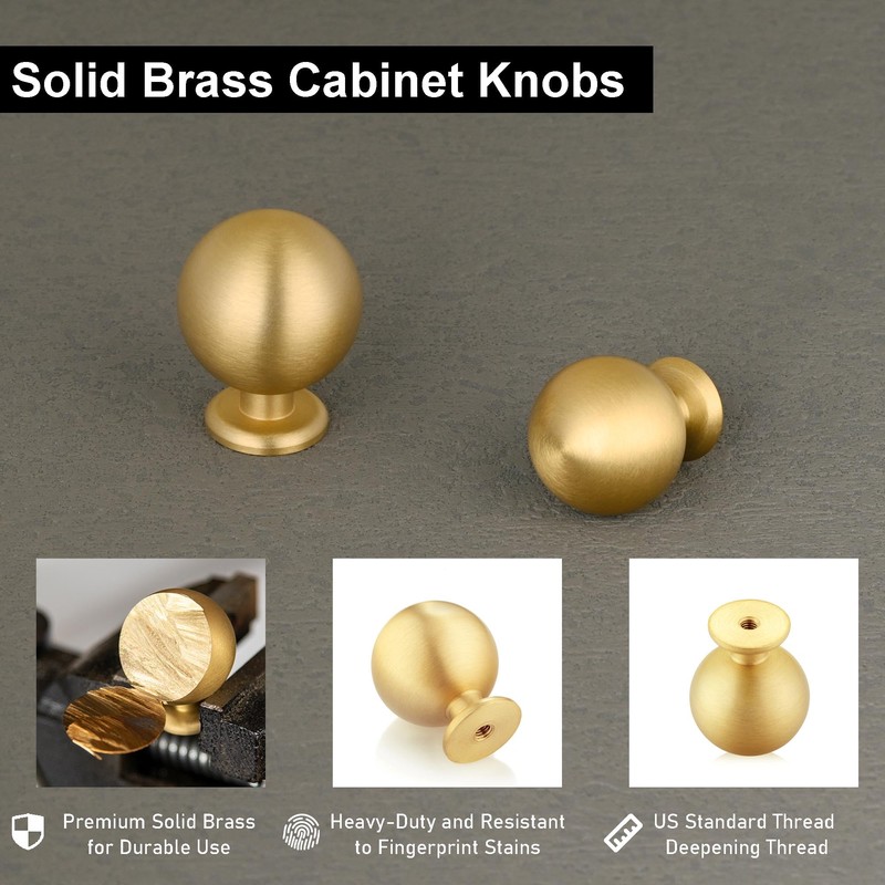 QOGRISUN 5-Pack Solid Brass Cabinet Knobs, Round Ball Gold Knobs