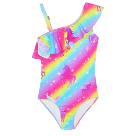 Snowheart - Traje de baño para niñas con correa ajustable para el hombro UPF50+ con volantes de un solo hombro 3-12T