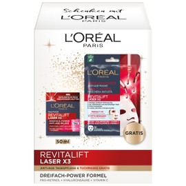 L'Oréal Paris Anti-Age Face Care Set with Day Cream and Cloth Mask, with Pro-Retinol, Hyaluronic Acid & Vitamin C, Revitalift Laser X3, 2 Pieces