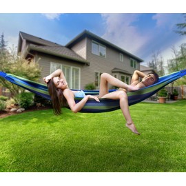 Sorbus Brazilian Double Hammock - Extra-Long 2 Person Portable Hammock Bed for Indoor or Outdoor Spaces - Hanging Rope, Carrying Pouch Included (Blue/Green Stripes)