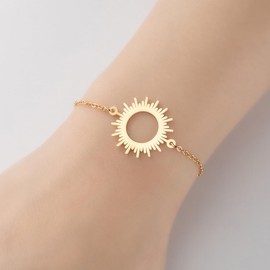 MYANAIL Stainless Steel Sun Bracelet Jewelry Sunshine Circle Chain Bracelet Simple Sunburst Hollow Bangle for Women (Gold)