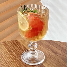 Vintage Wine Glasses Set of 6, 11 Ounces Colored Glass Water Goblets, Unique Embossed Pattern High Clear Stemmed Glassware Wedding Party Bar Glass Drinking Cups Fancy Glasses Vertical Line Clear