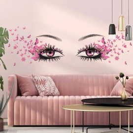 Hermosas pegatinas de pared para ojos de pestañas, mariposas voladoras, decoración de corazón de niña, calcomanías de vinilo para decoración de mariposas para mujeres y niñas, recámara y sala de estar
