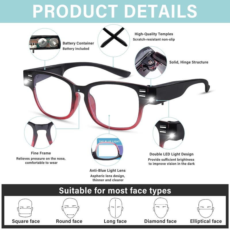 3Pack Reading Glasses with Light Bright LED Readers Magnifying Glass