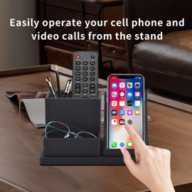 XNONE PU Leather Desk Organiser,Cell Phone Organizer,Office Desk Tidy Pen Holder for Cosmetic Brushes/Stationery/Remote Control/Business Card Holder,Desktop Multifunctional Decor Storage Box (Black)