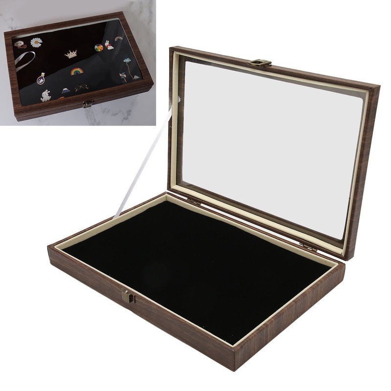 Pin Display Case Large Black PU Leather Dustproof Glass Widely