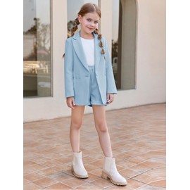 Girls 2 Piece Outfits Button Front Long Sleeve Blazer and Short Pants Suit Sets 4-14 Years