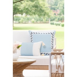 Hofdeco Premium Coastal Patio Indoor Outdoor Lumbar Pillow Cover Only, 12"x20" Water Repellent for Backyard, Couch, Baby Blue Color Block with Tassels