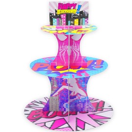 Pink Spider Birthday Cupcake Stands, Superhero Boom 3 Tier Cupcake Rack Tower Dessert Stand, Pink Spider Party Decorations for Baby Shower Girls Birthday Party Supplies