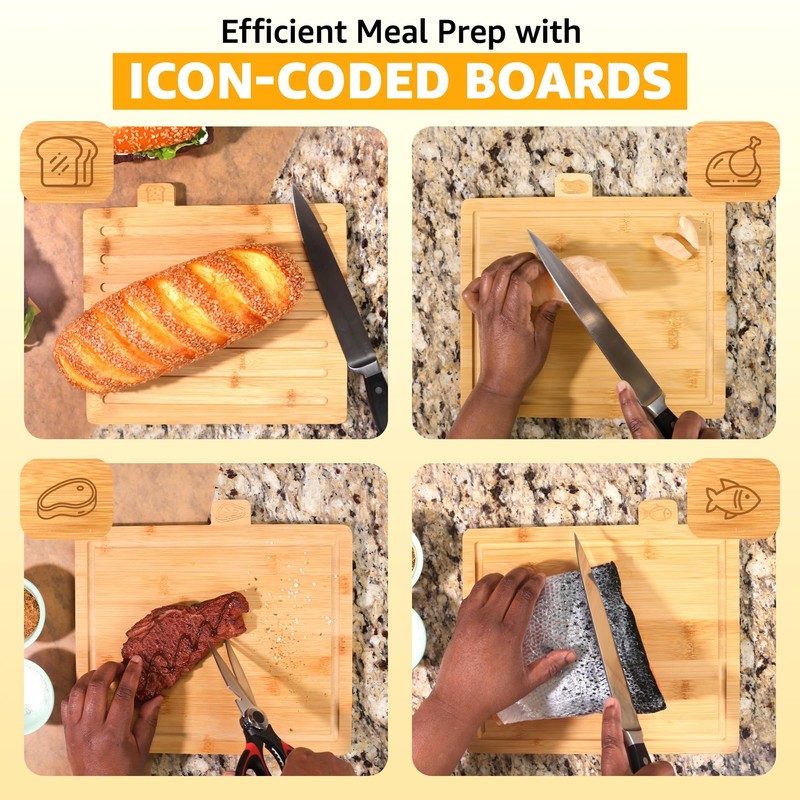 EZTICO Index Cutting Boards Bundle & Kitchen Shears, 4pcs Bamboo