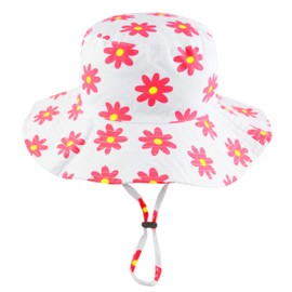 Pesci Kids Girls Bucket Hats Summer Wide Brim Sun Hat Cotton Floral Daisy (White, 2-4 Years 52cm)