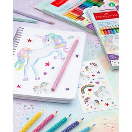 Faber-Castell 201542 Unicorn Colouring Pencils Set, 13 Pieces, Shatterproof, incl. 3 Sparkle Pastel Pencils and Unicorn Stickers
