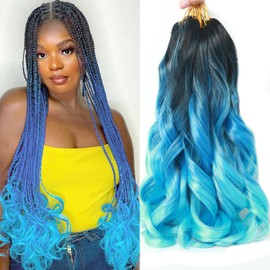 8Packs Ombre Blue French Curly Braiding Hair 12 Inch Pre Stretched Bouncy Braiding Hair French Curl Loose Wavy Spiral BraidingHair Extensions for Women(8Packs,Ombre Blue)