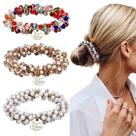 LONZIKP 3 Pieces Scrunchies Crystal Hair Bobbles with Beads and Rhinestones, Elastic Hair Scrunchies for Women and Girls, Ponytail Hair Accessories